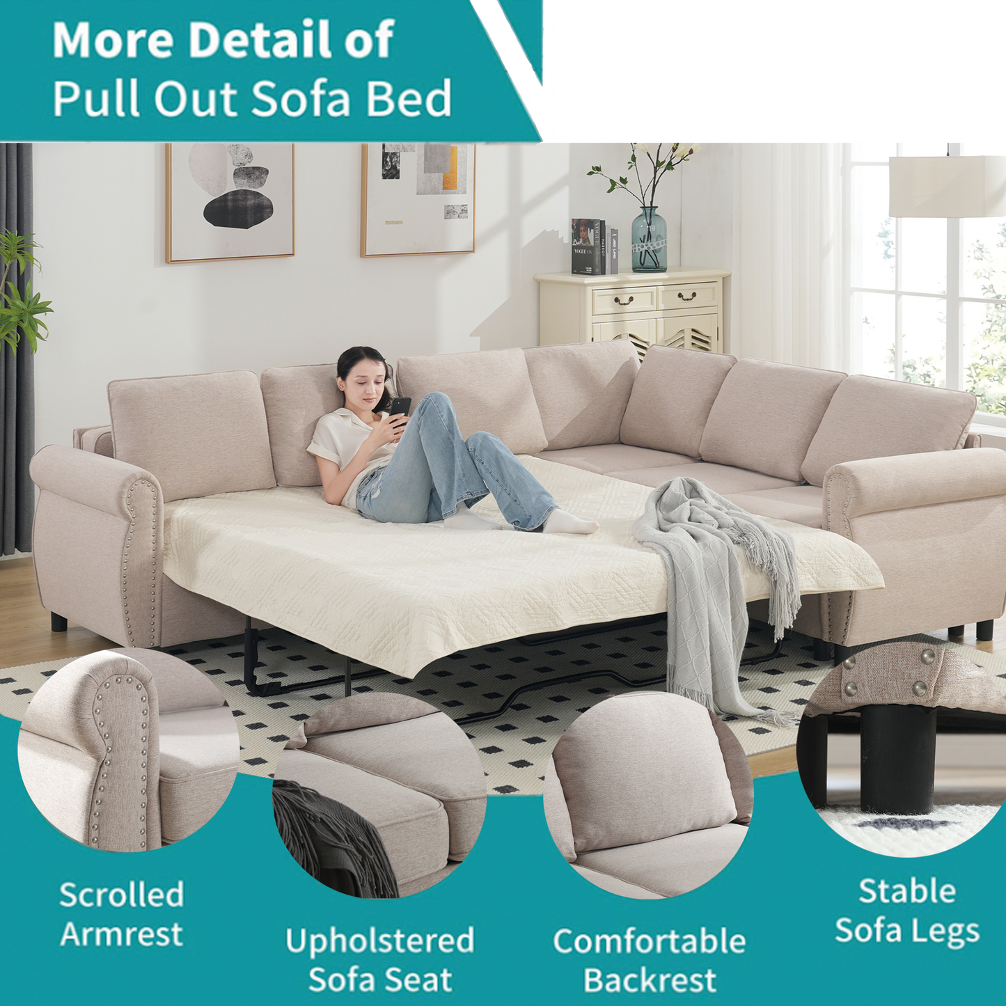 [NEW ARRIVED] [VIDEO PROVIDED] Sleeper Sofa, 2 in 1 Pull Out Couch Bed,6 seater sofa bed, L Shaped Sleeper Sectional Sofa Couch,Riveted sofa,104'' Large combined sofa Bed in living room, Beige