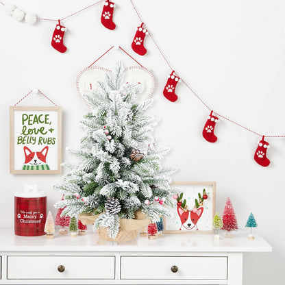 3FT Flocked Tabletop Christmas Tree with 355 Tips, Snowy PE/PVC Branches, 14 Pine Cones & 14 Red Berries, Burlap Cement Base – Small Decorative Tree for Home & Office Holiday Decor