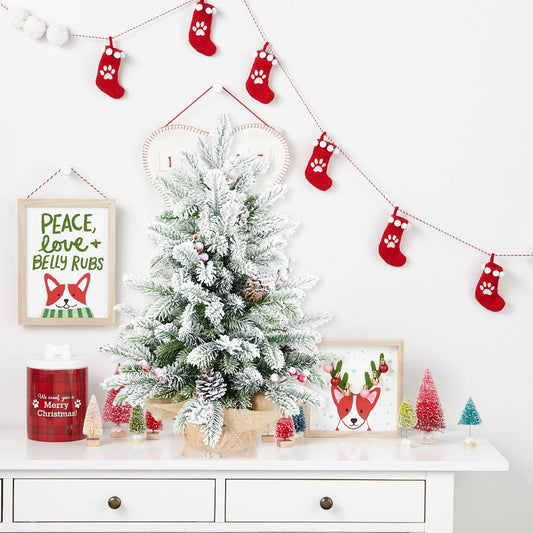 3FT Flocked Tabletop Christmas Tree with 355 Tips, Snowy PE/PVC Branches, 14 Pine Cones & 14 Red Berries, Burlap Cement Base – Small Decorative Tree for Home & Office Holiday Decor