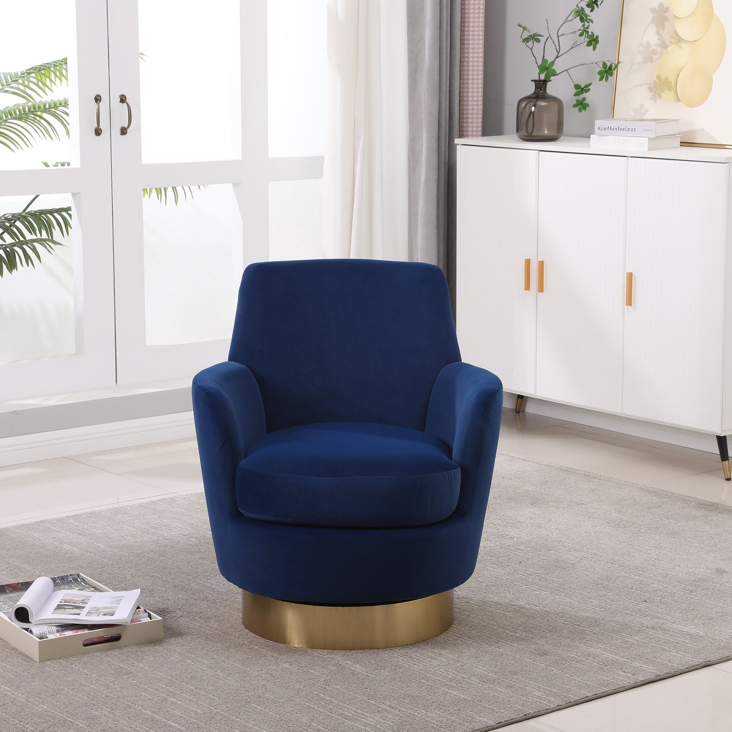 Silla giratoria de terciopelo, sillas giratorias decorativas, sillón para sala de estar, sillas de lectura para dormitorio, cómodas, sillas redondas con base de acero inoxidable dorado (azul marino)