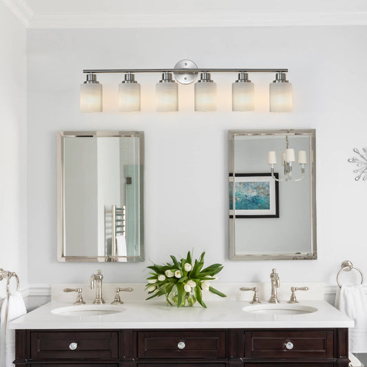 39' Modern 6-Light Vanity Wall Sconce, Brushed Nickel Finish with Frosted Glass Shades for Bathroom or Hallway Lighting (No Bulbs)