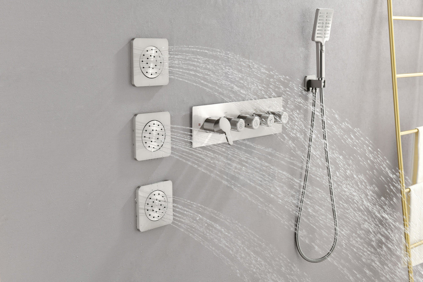 Wall Mounted Waterfall Rain Shower System With 3 Body Sprays & Handheld Shower