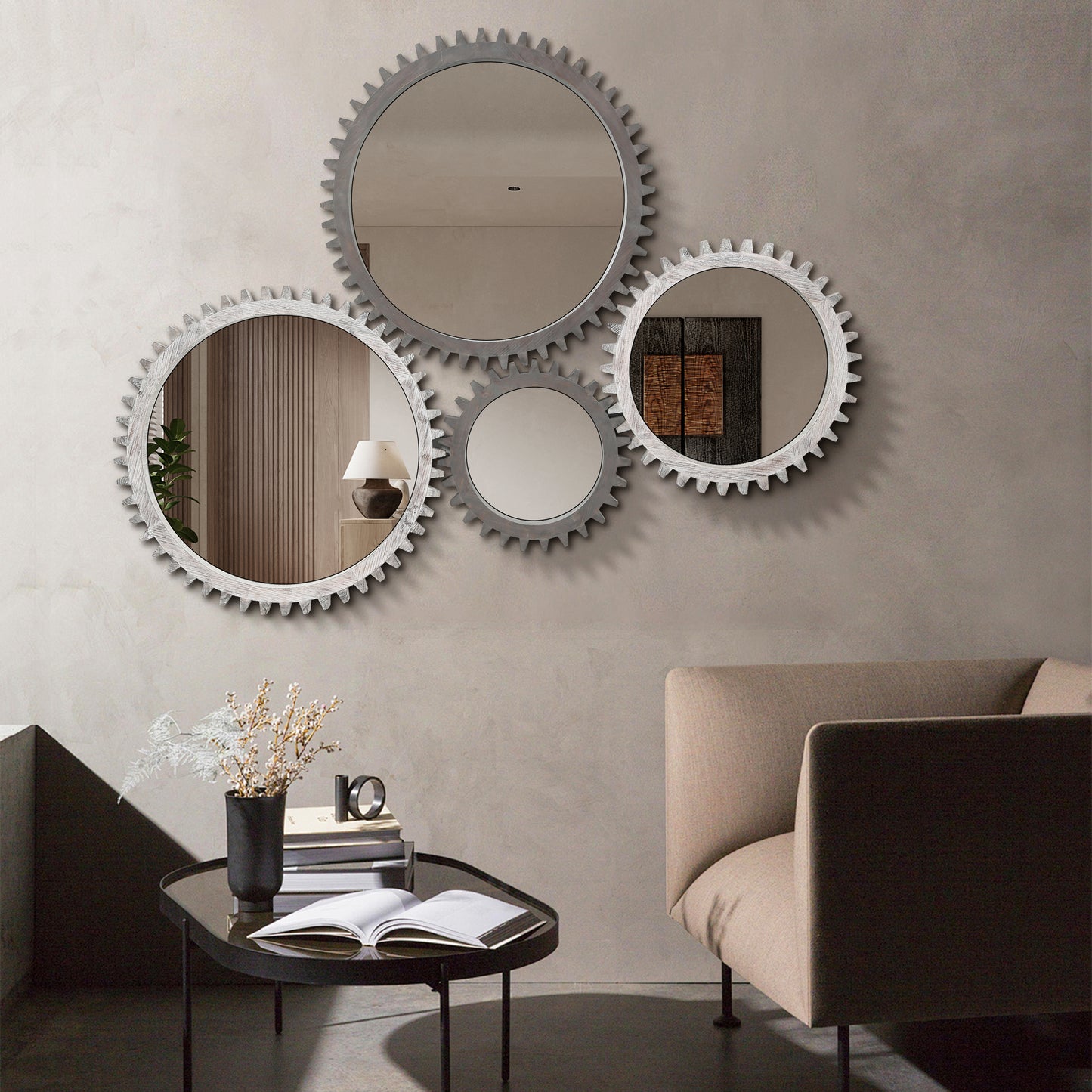 Vintage 26'' x 26'' Wall Wood Round Hanging Gear Shape Heavy Decorative Mirror For Bathroom Living Room Entryway Or Put Together To Your Liking.(Antique White Washed)