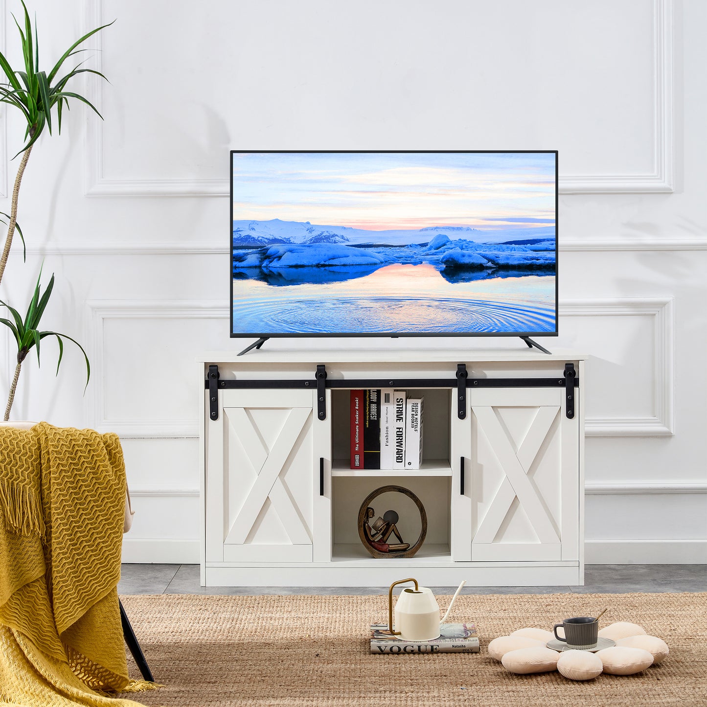 White decorative wooden TV / storage cabinet with two sliding barn doors, available for bedroom, living room, corridor.