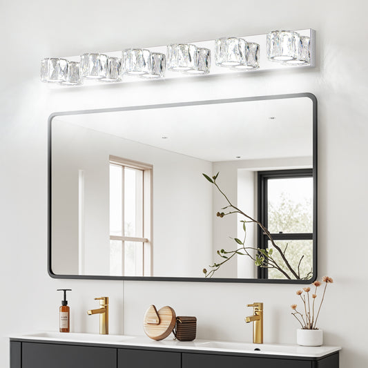 41' Modern Crystal 6-Light LED Wall Sconce – Elegant Chrome Bathroom Vanity Light with Clear Crystal Shades for Bathroom, Bedroom, or Hallway