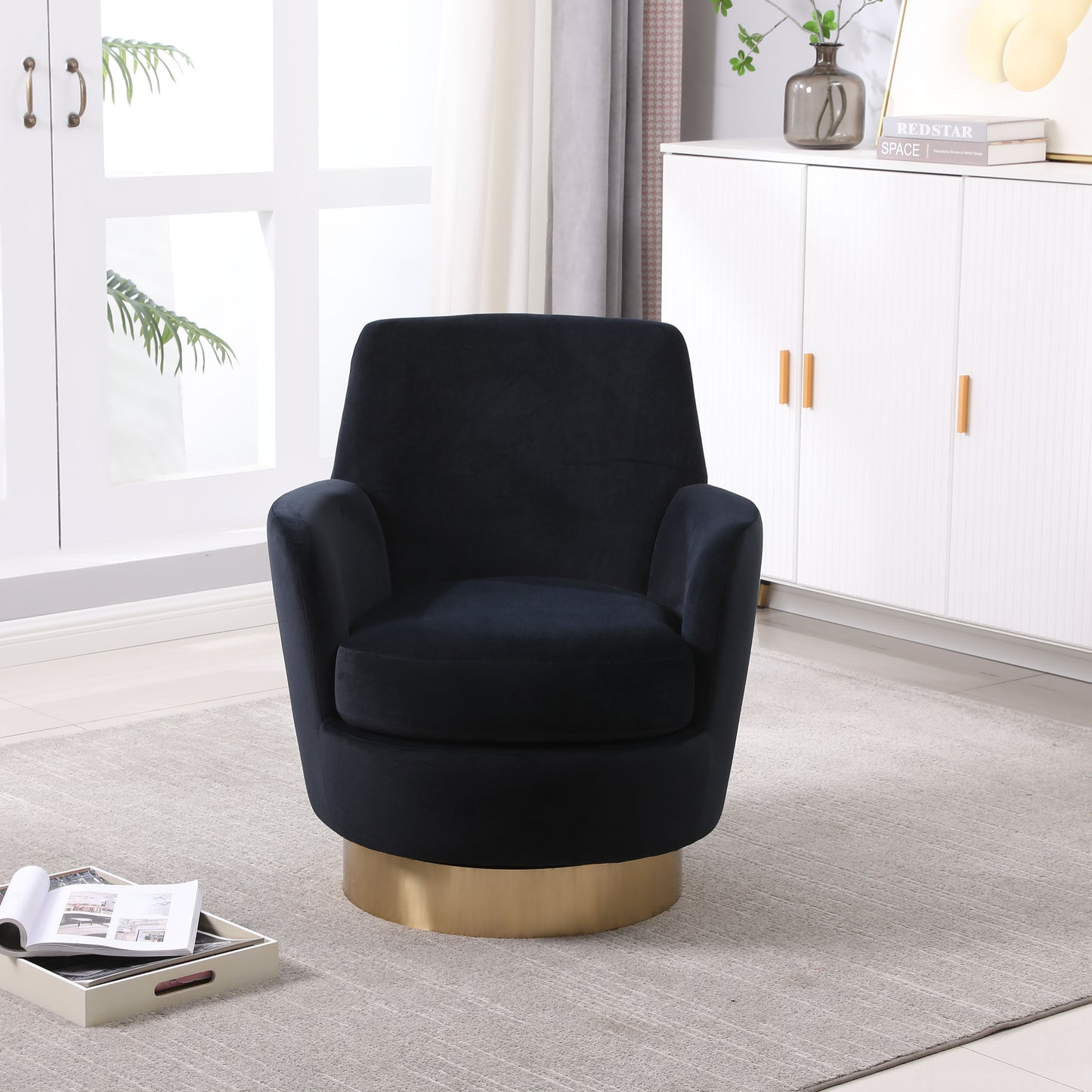 Silla de barril giratoria de terciopelo, sillas giratorias decorativas, sillón para sala de estar, sillas de lectura para dormitorio, cómodas, sillas de barril redondas con base de acero inoxidable dorado (negro)