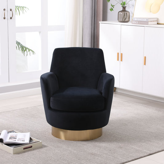 Velvet Swivel Barrel Chair, Swivel Accent Chairs Armchair for Living Room, Reading Chairs for Bedroom Comfy, Round Barrel Chairs with Gold Stainless Steel Base (Black)