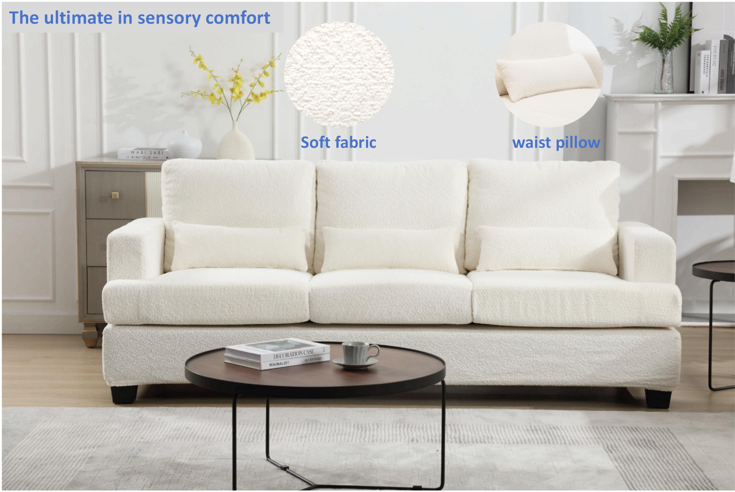 [VIDEO PROVIDED] 88.4" Length Modern Sofas Couches for Living Room, Sofas & couches with Square Armrest, Removable back Cushion and 3pcs waist pillow  (White&Gray Fabric)