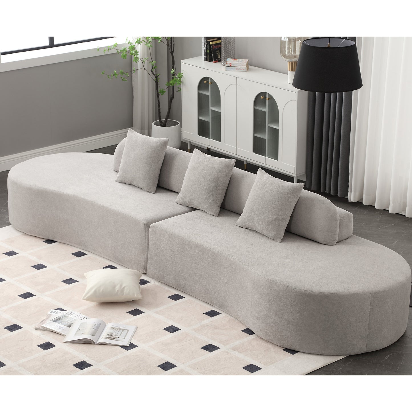 [NEW ARRIVED] [VIDEO PROVIDED] Modern curved combination sofa, terrycloth fabric sofa, minimalist sofa in living room, apartment, no assembly required, three  pillows,Gray