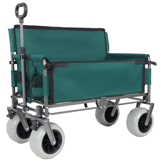 3-in-1 Folding Wagon with Bench Seat – 500lbs Capacity, 9'x4' Beach Tires for Camping & Beach, green