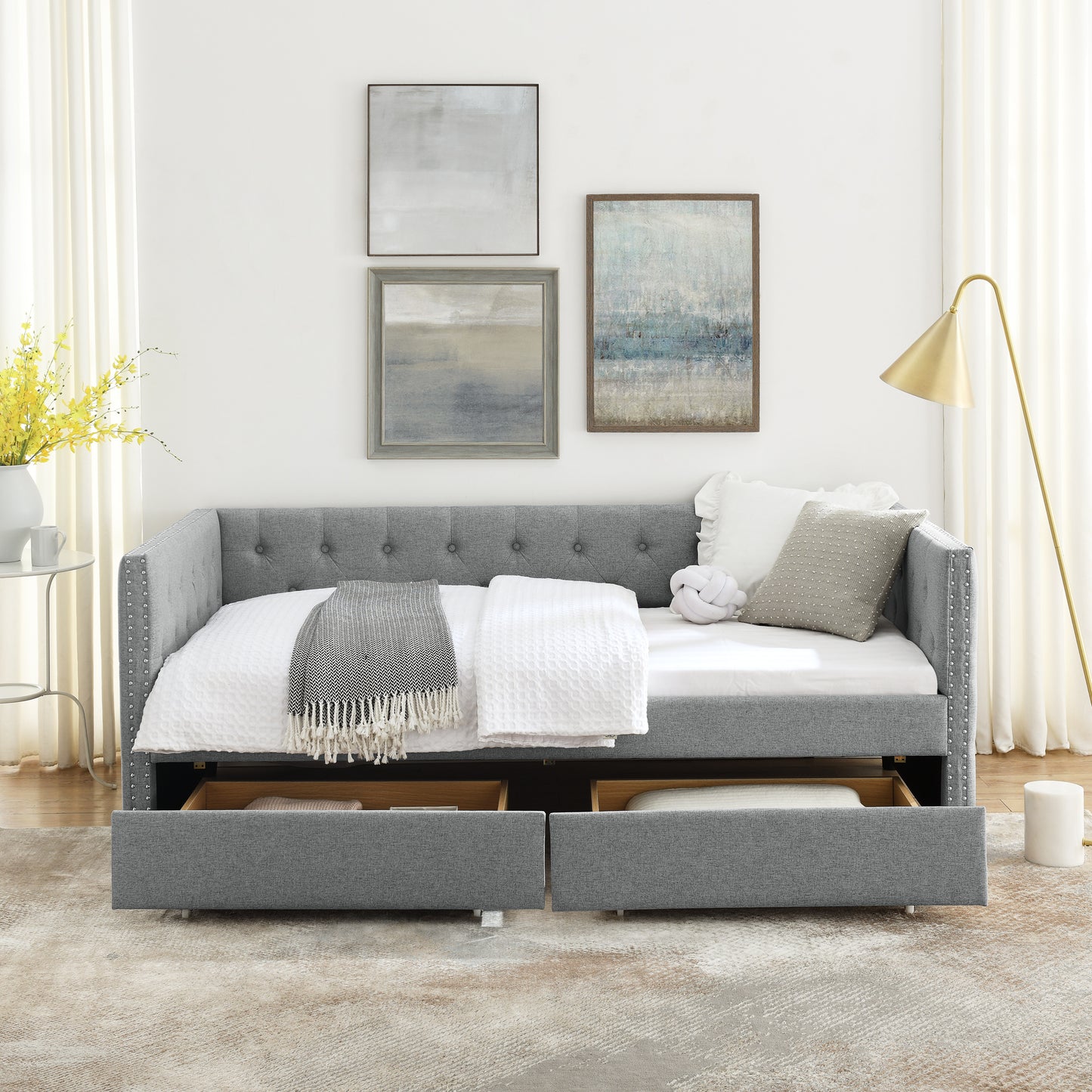 Sofá cama doble tapizado con dos cajones, con botón y clavo de cobre en brazos cuadrados, gris (82.75''x43''x30.75'')