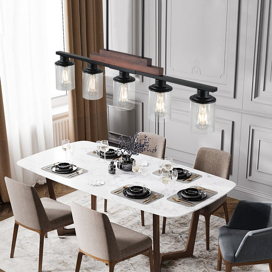 37' Farmhouse Industrial 5-Light Kitchen Island Pendant Light, Metal Wood Chandelier with Clear Glass Shades, Adjustable Height Hanging Fixture for Dining Room, Living Room, Kitchen (No Bulbs)