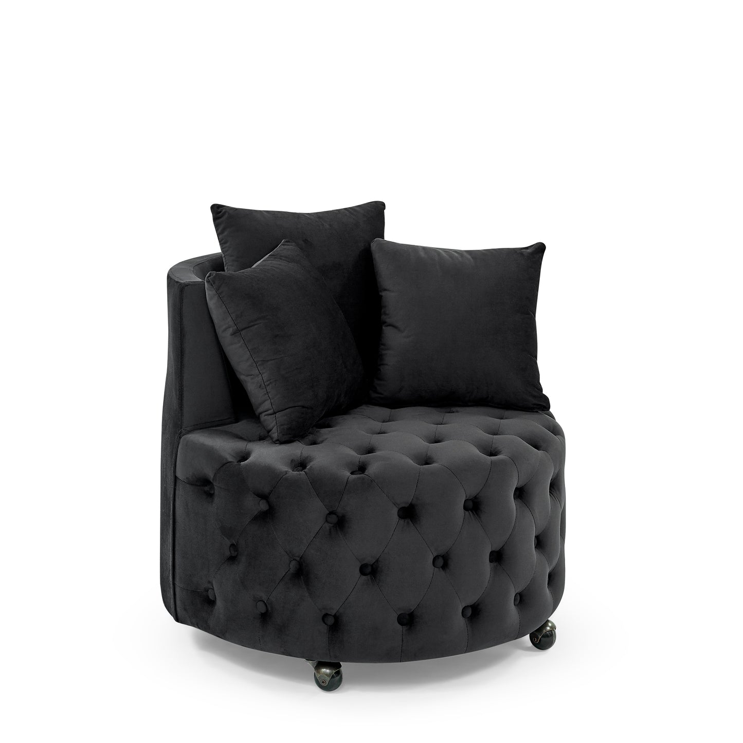 Silla giratoria tapizada en terciopelo para sala de estar, con diseño de botones y ruedas móviles, incluye 3 almohadas, color negro