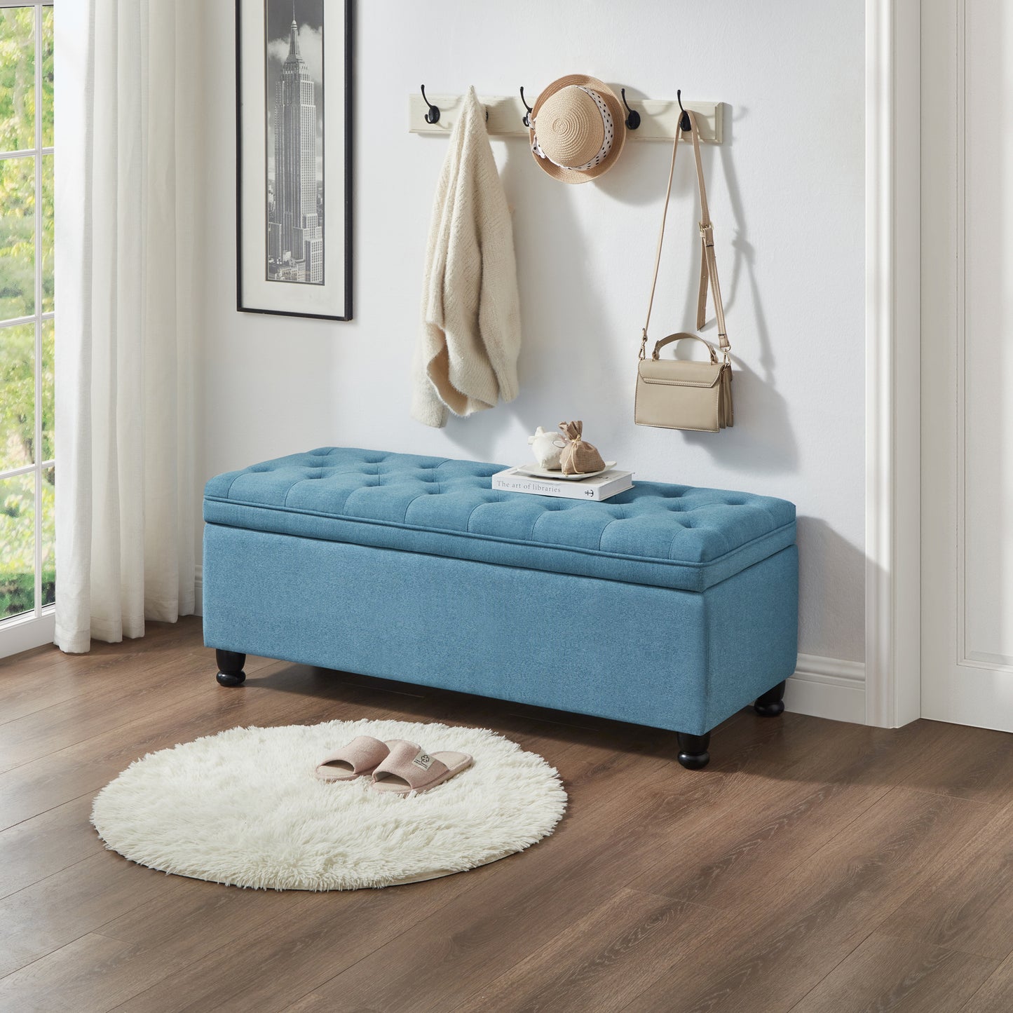 Upholstered tufted button storage bench ,Linen fabric entry bench with spindle wooden legs, Bed bench- Light Blue