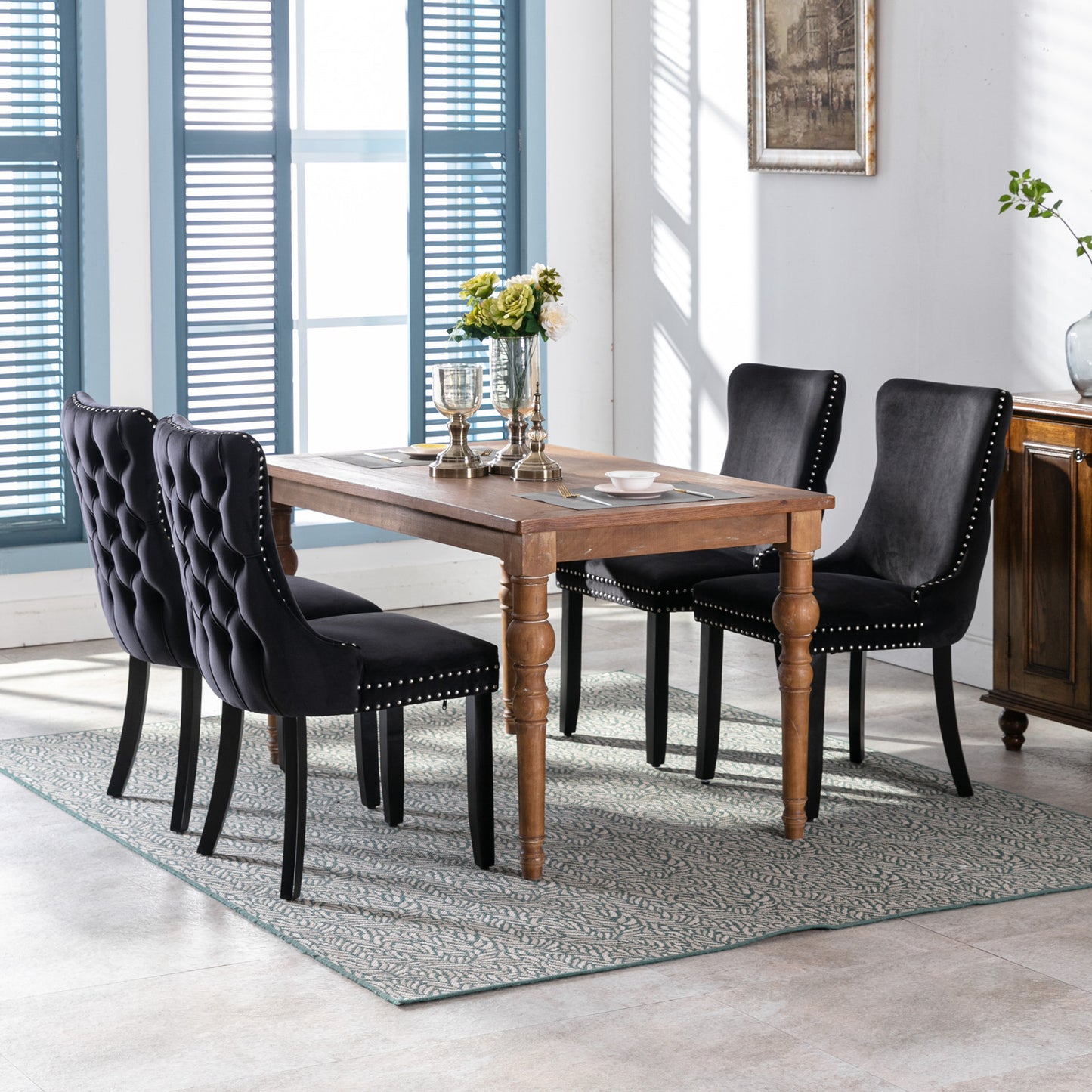 Silla de comedor tapizada con respaldo de orejas, ribete de clavos con pespuntes y patas de madera maciza, juego de 2, negro, SW8809BK, KD