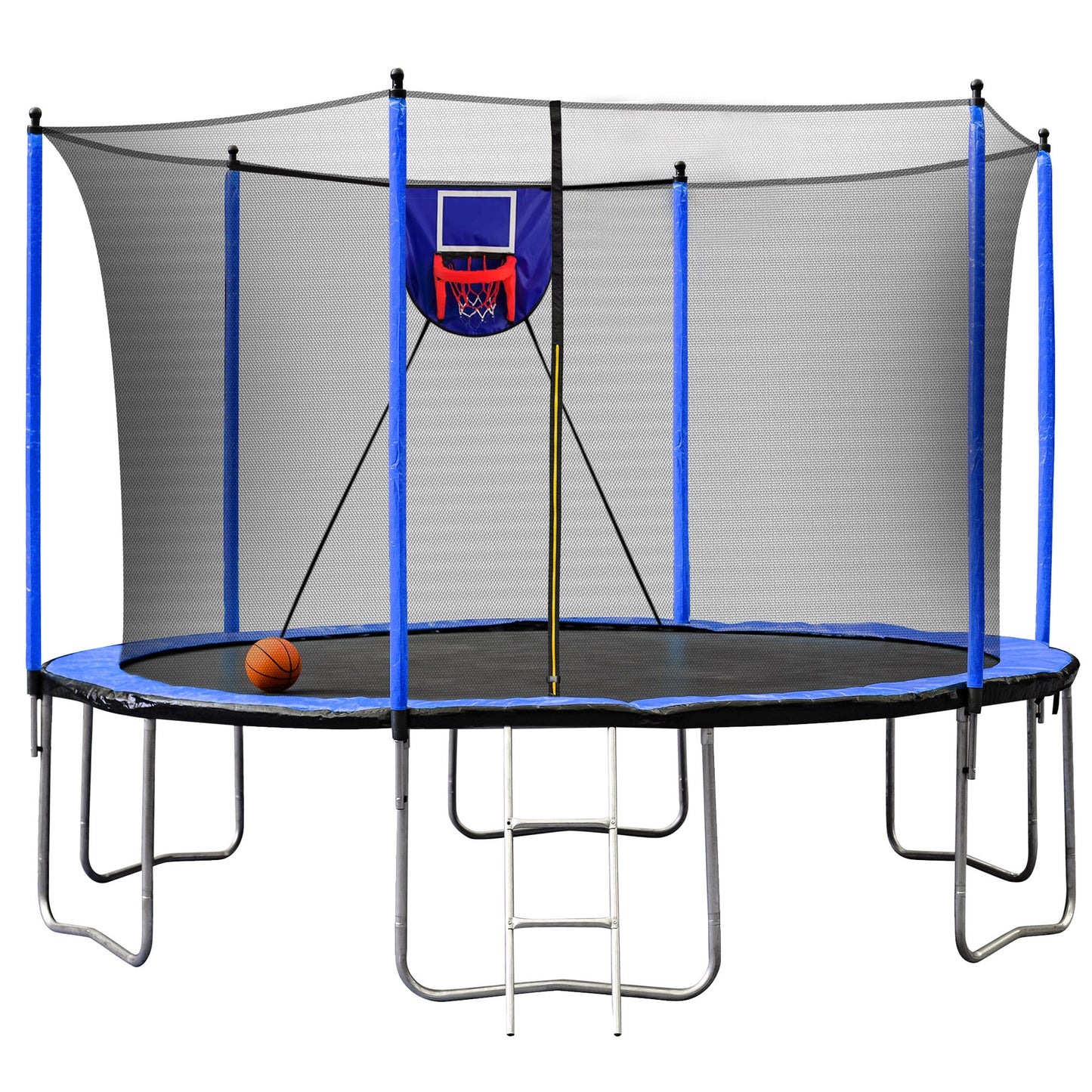 15FT Trampoline with Basketball Hoop Inflator and Ladder, 6pcs extra safety net pole sleeves- Blue