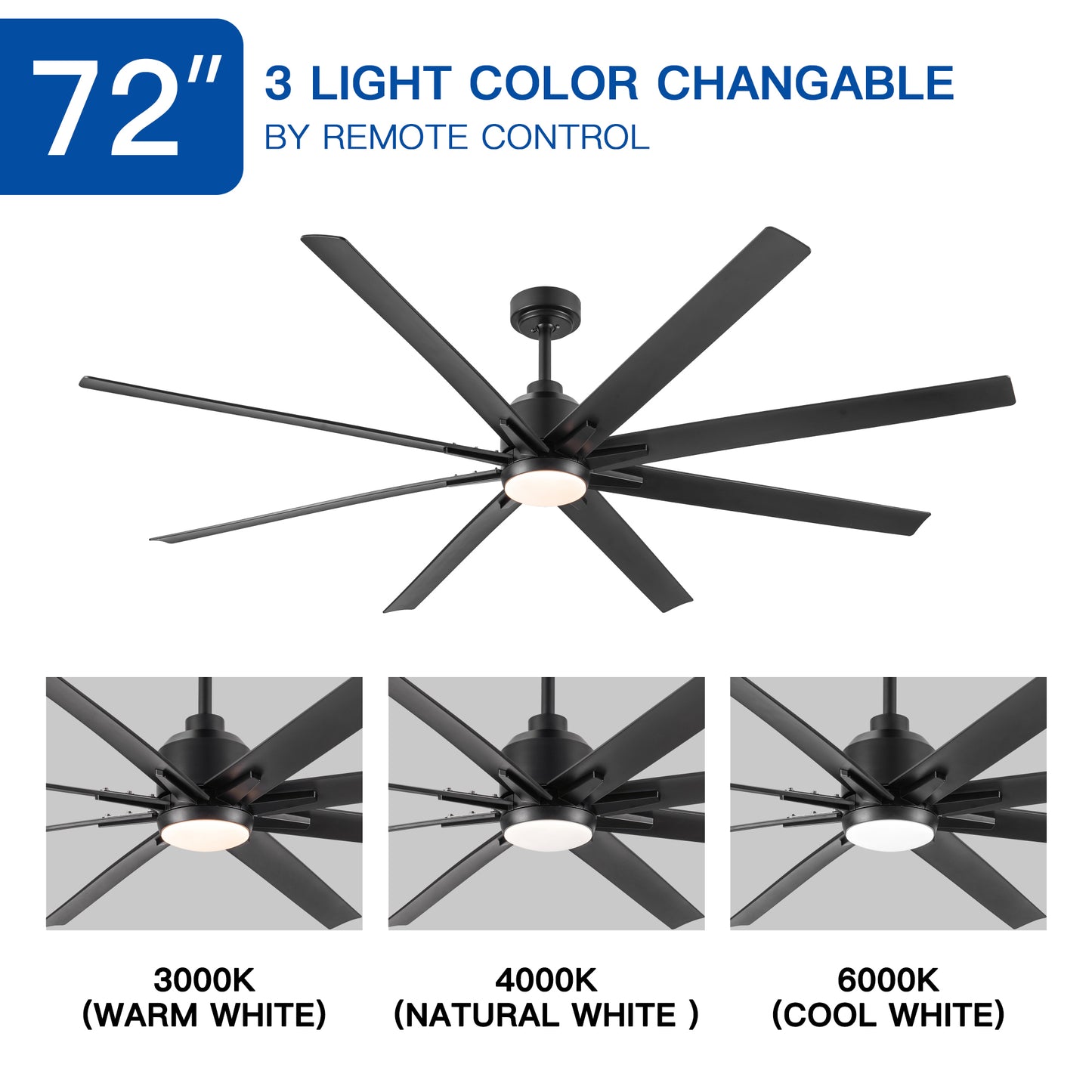 YUHAO 72" Integrated LED Light Ceiling Fan with Black ABS Blade