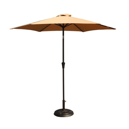 Outdoor Aluminum Patio Umbrella with Round Resin Base, Push Button Tilt and Crank Lift, Taupe