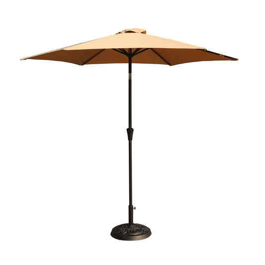 Outdoor Aluminum Patio Umbrella with Round Resin Base, Push Button Tilt and Crank Lift, Taupe