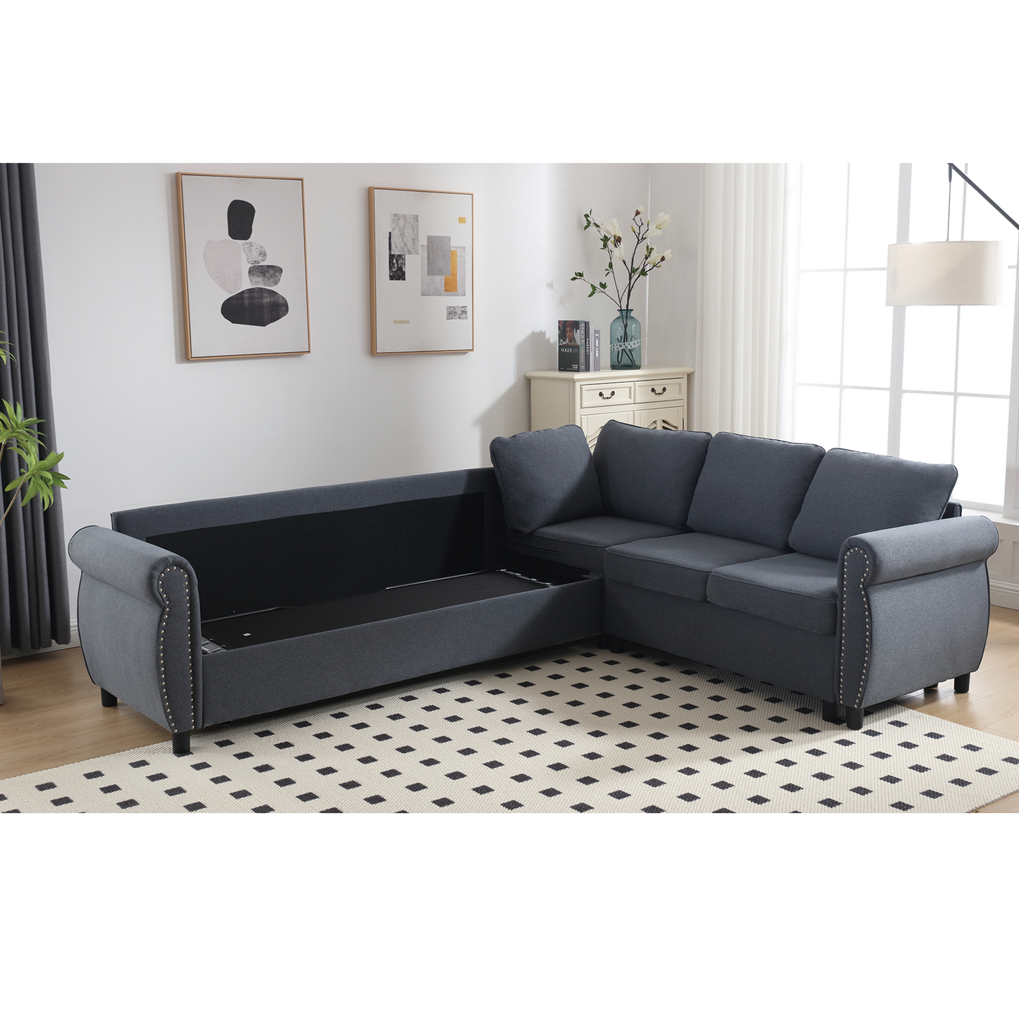 [NEW ARRIVED] [VIDEO PROVIDED] Sleeper Sofa, 2 in 1 Pull Out Couch Bed,6 seater sofa bed, L Shaped Sleeper Sectional Sofa Couch,Riveted sofa,104'' Large combined sofa Bed in living room, Dark Gray