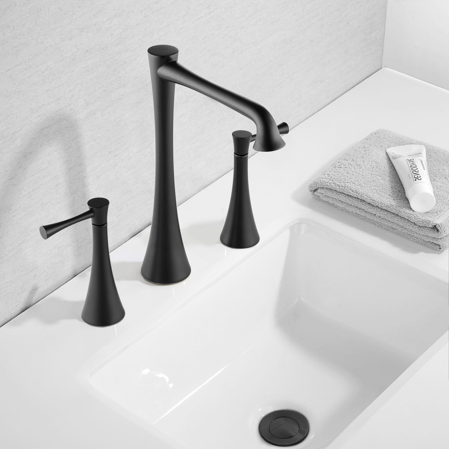 Widespread 2 Handles Bathroom Faucet with  Drain  Assembly, Matte Black