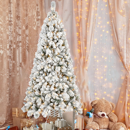 5FT Flocked Christmas Tree with 250 Warm White LED Lights – 518 Tips, Snowy PVC & Hard Needle Branches, Hinged Design for Easy Setup, Sturdy Metal Stand – Full & Realistic Holiday Tree