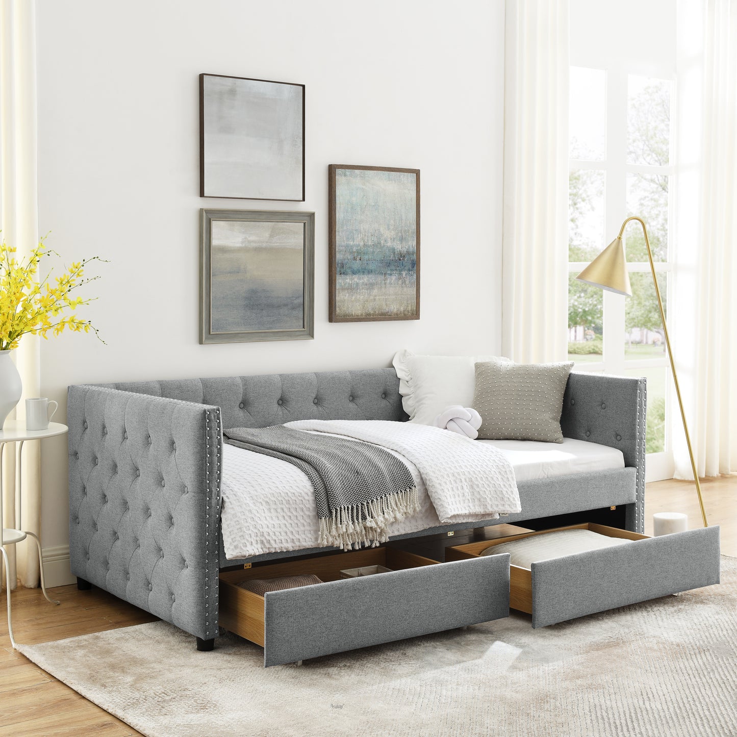 Sofá cama doble tapizado con dos cajones, con botón y clavo de cobre en brazos cuadrados, gris (82.75''x43''x30.75'')