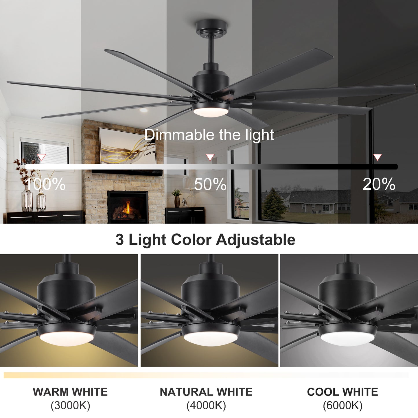 YUHAO 72" Integrated LED Light Ceiling Fan with Black ABS Blade