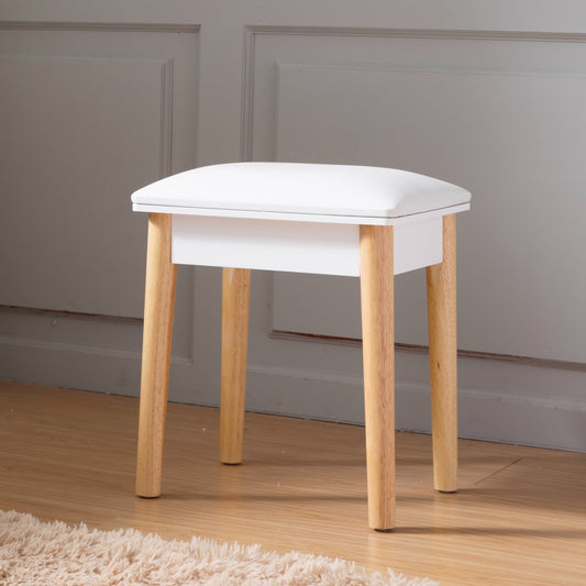 Taburete de tocador de madera, taburete de maquillaje con asiento de PU, blanco