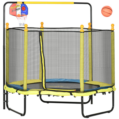 Qaba 4.6' Kids Trampoline with Basketball Hoop, Horizontal Bar, 55' Indoor Trampoline with Net, Small Springfree Trampoline Gifts for Kids Toys, Ages 3-10, Yellow