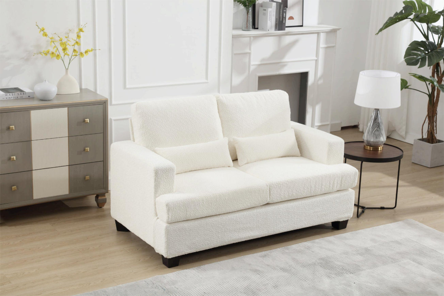 [VIDEO PROVIDED] 63" Length Modern Loveseat for Living Room, Sofas & couches with Square Armrest, Removable back Cushion and 2pcs waist pillow  (White&Gray Fabric)