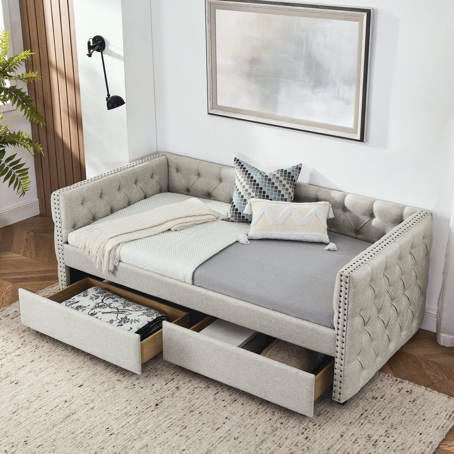 Sofá cama doble tapizado con dos cajones, con botón y clavo de cobre en brazos cuadrados, beige (82.75''x43''x30.75'')