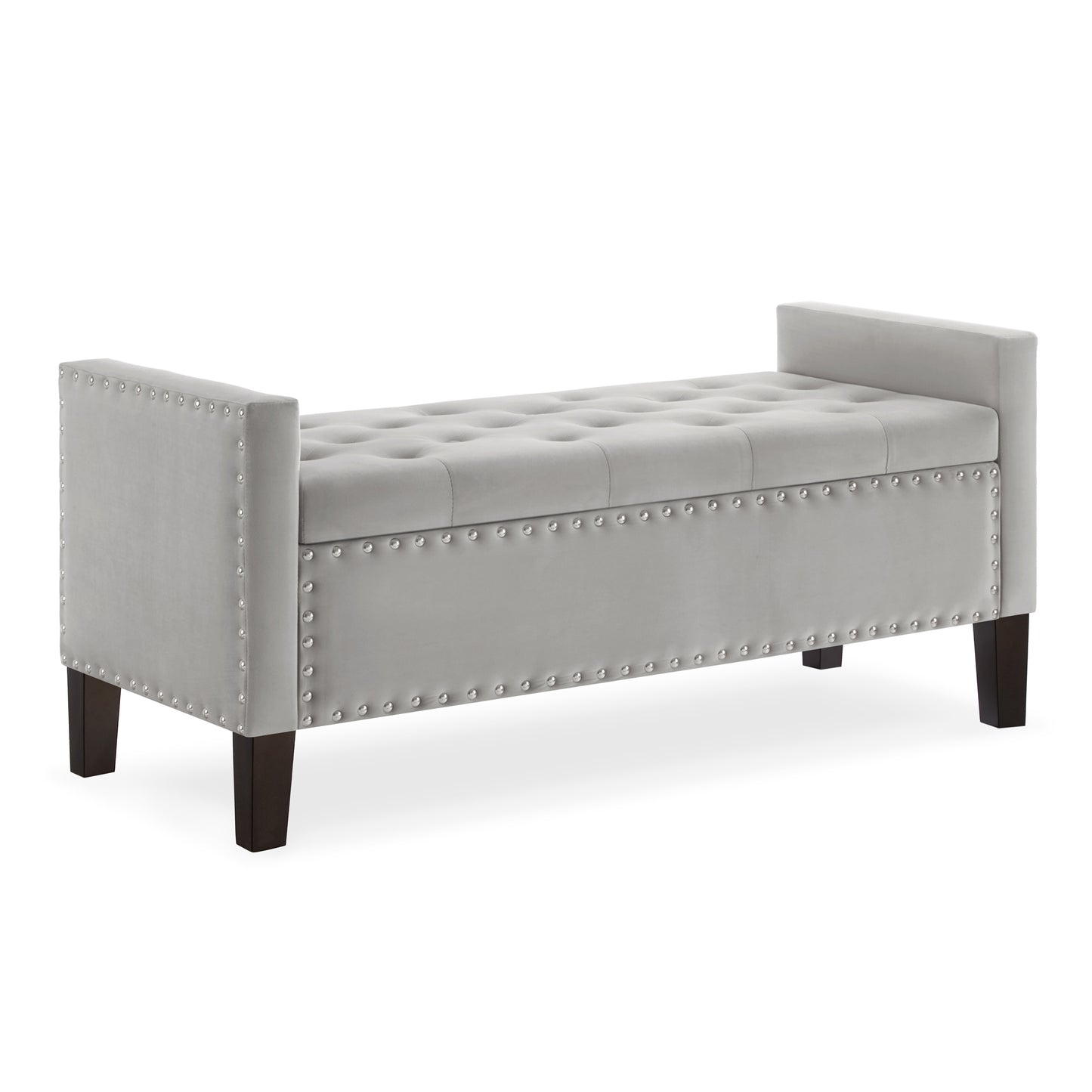 Upholstered Tufted Button Storage Bench with nails trim,Entryway Living Room Soft Padded Seat with Armrest,Bed Bench-Gray