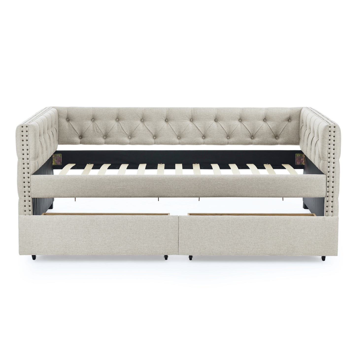 Upholstered Twin Size Daybed with Two Drawers, with Button and Copper Nail on Square Arms, Beige (82.75''x43''x30.75'')