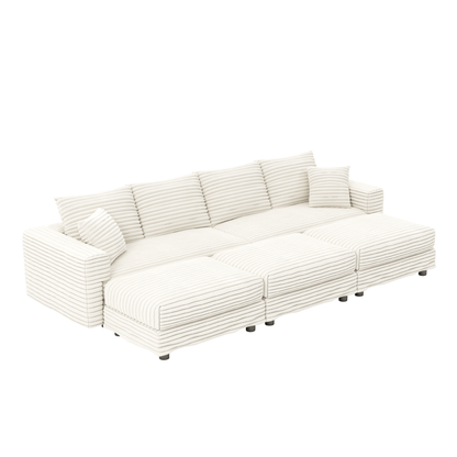 104.3 ' Plush Corduroy 4-Seat Sofa, Modern Comfy Upholstered Sofa Cloud Couch, Deep Seat Couches with Soft Pillows and 3 Ottomans, Convertible Sofa Lounge Chair, for Living Room,Apartment,Office,Beige