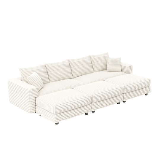 104.3 ' Plush Corduroy 4-Seat Sofa, Modern Comfy Upholstered Sofa Cloud Couch, Deep Seat Couches with Soft Pillows and 3 Ottomans, Convertible Sofa Lounge Chair, for Living Room,Apartment,Office,Beige