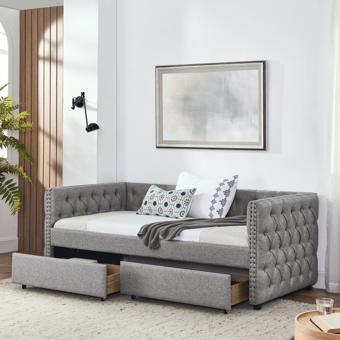 Upholstered Twin Size Daybed with Two Drawers, with Button and Copper Nail on Square Arms, Grey (82.75''x43''x30.75'')