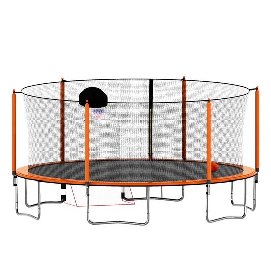 Orange 16FT Trampoline with Basketball Hoop and Soccer Goal, Inner Safety Enclosure, Steel Frame