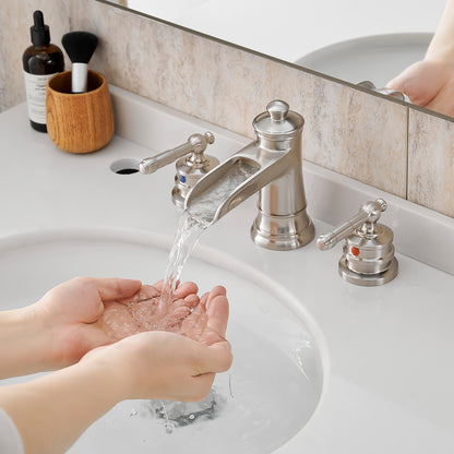 Bathroom Faucets for Sink 3 Hole Brushed Nickel 8 inch Widespread Bathroom Sink Faucet with Pop Up Drain Double Lever Handle Faucet Bathroom Vanity Faucet Basin Mixer Tap Faucet with Hose