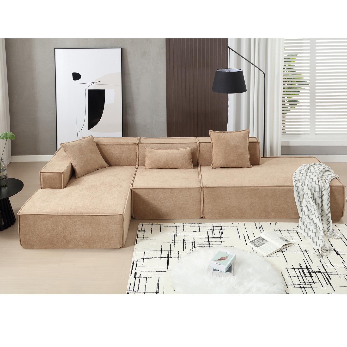 [VIDEO PROVIDED] Modular combination living room sofa set, modern minimalist sofa, free installation sofa, L-shaped, Italian minimalist tofu block sofa, Left-Hand Facing, Light Brown