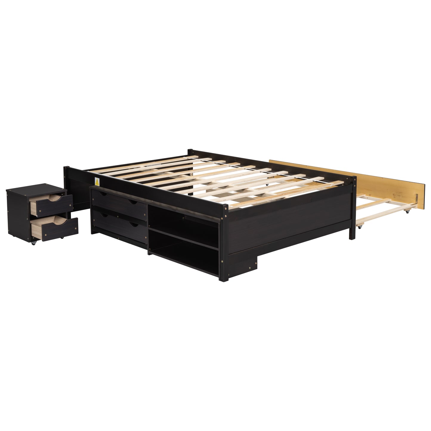 Cama completa versátil con cama nido, caja de almacenamiento debajo de la cama y mesita de noche. Café expreso