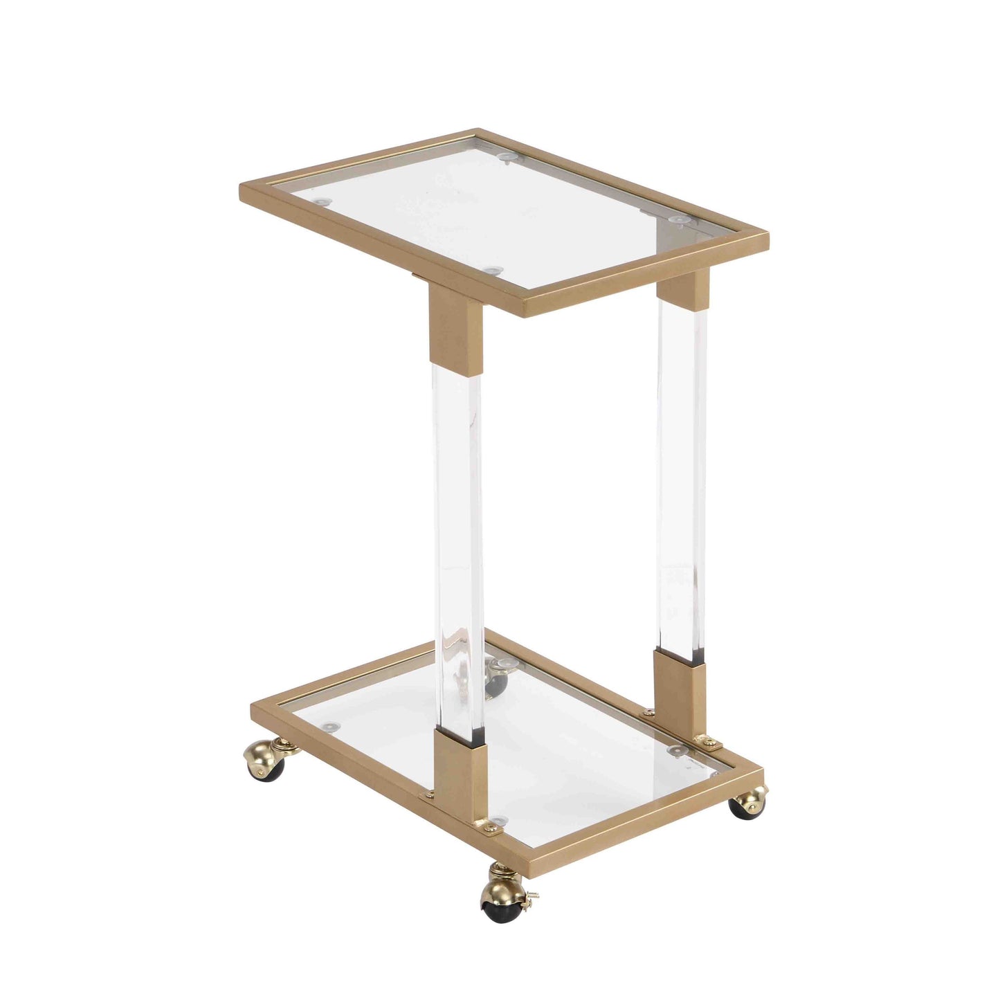 W82153574 Golden Side Table, Acrylic Sofa Table, Glass Top C Shape Square Table with Metal Base for Living Room, Bedroom, Balcony Home and Office