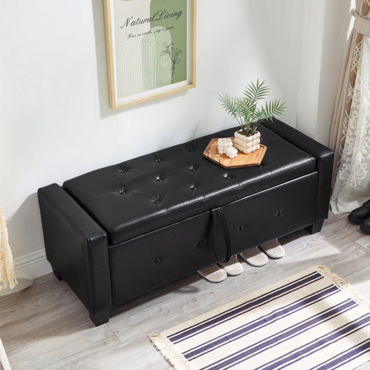 48' Ottoman Bench with Storage, Bench for Bedroom,Living Room,Hallway, Upholstered Tufted Faux Leather PU Ottoman Black