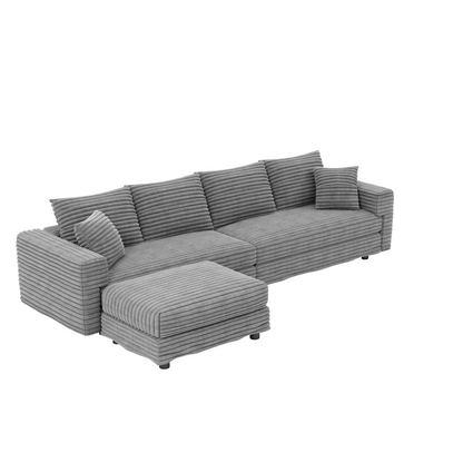 102.4 'Plush Corduroy 4-Seat Sofa,Modern Comfy Upholstered Sofa Cloud Couch,Deep Seat Couches with Soft Pillows and Movable Ottoman,Convertible Sofa Lounge Chair,for Living Room,Apartment,Office,Grey