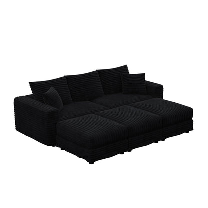 82.7 ' Plush Corduroy 3-Seat Sofa, Modern Comfy Upholstered Sofa Cloud Couch, Deep Seat Couches with Soft Pillows and 3 Ottomans, Convertible Sofa Lounge Chair, for Living Room,Apartment,Office,Black