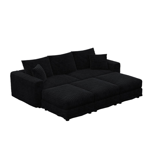 82.7 ' Plush Corduroy 3-Seat Sofa, Modern Comfy Upholstered Sofa Cloud Couch, Deep Seat Couches with Soft Pillows and 3 Ottomans, Convertible Sofa Lounge Chair, for Living Room,Apartment,Office,Black