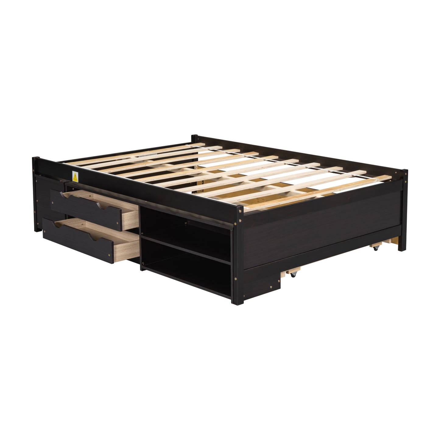 Cama completa versátil con cama nido, caja de almacenamiento debajo de la cama y mesita de noche. Café expreso