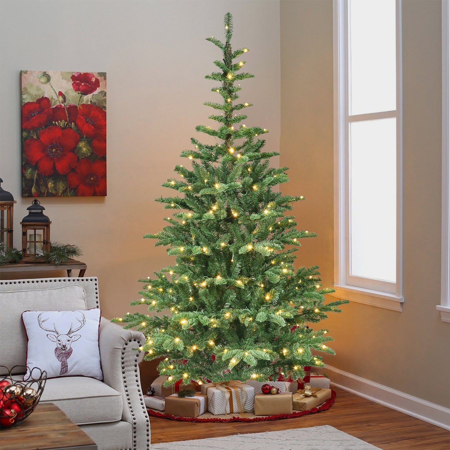 5ft Pre-Lit Christmas Tree with 200 Warm White LED Lights, 403 PE+PVC Tips, Realistic Layered Look, Unique Wooden Base – Full Artificial Holiday Tree for Home Decor