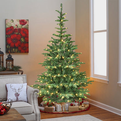 5ft Pre-Lit Christmas Tree with 200 Warm White LED Lights, 403 PE+PVC Tips, Realistic Layered Look, Unique Wooden Base – Full Artificial Holiday Tree for Home Decor