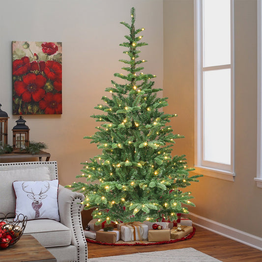 6ft Pre-Lit Christmas Tree with 300 Warm White LED Lights, 611 PE+PVC Tips, Realistic Layered Look, Unique Wooden Base – Full Artificial Holiday Tree for Home Decor
